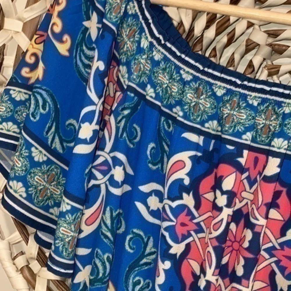 Flying Tomato blue geometric print off the shoulder maxi dress size small - Picture 4 of 7